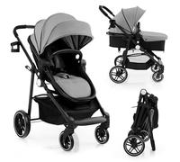 COSTWAY 2 in 1 Baby Pushchair, Foldable Travel System Pram with Reversible Seat, Adjustable Canopy, Storage Basket, Cup Holder, Lightweight Infant Stroller for 0-36 Months (Grey)