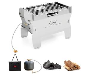COSTWAY 2-in-1 Camping BBQ Grill, Portable Dual Fuel Butane Gas Fire Pit with Stainless Steel Grate and Carrying Bag, Outdoor Small Countertop Charcoal Wood Burning Grill (Silver)