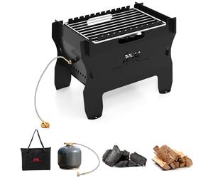 COSTWAY 2-in-1 Camping BBQ Grill, Portable Dual Fuel Butane Gas Fire Pit with Stainless Steel Grate and Carrying Bag, Outdoor Small Countertop Charcoal Wood Burning Grill (Black)