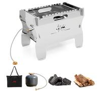 Costway 2-In-1 Camping Grill Patio Portable Dual Fuel Charcoal Wood Gas Firepit-Silver
