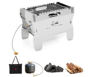 Costway 2-In-1 Camping Grill Patio Portable Dual Fuel Charcoal Wood Gas Firepit-Silver