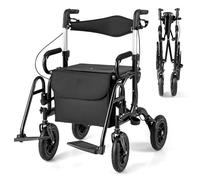 COSTWAY 2 in 1 Folding Rollator, Wheeled Walking Frame Transfer Wheelchair with Seat, Adjustable Handle and Storage Bag, 4 Wheel Medical Walker for Elderly Handicapped (Black)