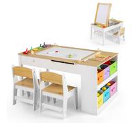 Costway 2-in-1 Kids Art Table & Easel Set w/Chairs Wooden Craft Activity Desk in Natural COSTWAY Natural