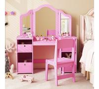 Costway 2-In-1 Kids Dressing Table & Chair Set Vanity Table Desk W/ Removable Mirrors
