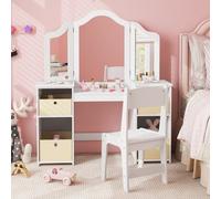Costway 2-In-1 Kids Dressing Table & Chair Set Vanity Table Desk W/ Removable Mirrors