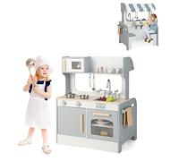COSTWAY 2-in-1 Kids Play Kitchen, Double Sided Pretend Cooking Playset with Turnable Knobs and Storage Shelf, Simulation Cook Toy Set for Toddlers (Grey+White)