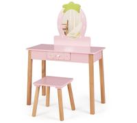 Costway 2-In-1 Kids Vanity Set Children Wooden Vanity Set W/ Stool Mirror & Drawer