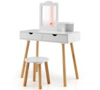 Costway 2-In-1 Kids Vanity Set Kids Wood Vanity Table Stool W/ Mirror & 2 Drawers