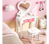 Costway 2-In-1 Kids Vanity Set Pretend Makeup Table & Chair Set W/ Heart-Shaped Mirror