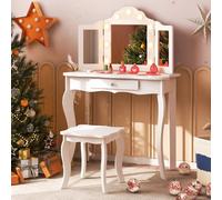 Costway 2 In 1 Kids Vanity Table And Stool Set Makeup Dressing Table W/ Tri-Folding Led Lighted Mirror