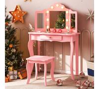 Costway 2 In 1 Kids Vanity Table And Stool Set Makeup Dressing Table W/ Tri-Folding Led Lighted Mirror