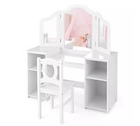 Costway 2-in-1 Kids Vanity Table & Chair Set Makeup Table Dressing Table Desk in White COSTWAY White