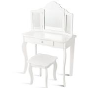 Costway 2-In-1 Kids Vanity Table & Stool Set Toddler Dresser Table W/ Mirror