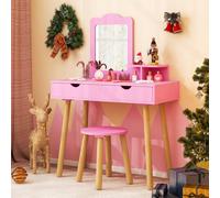 Costway 2-In-1 Toddler Kids Vanity Makeup Dressing Table & Chair Set W/ Mirror & Drawers