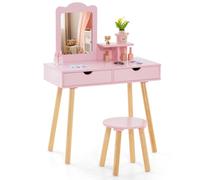 Costway 2-In-1 Toddler Kids Vanity Makeup Dressing Table & Chair Set W/ Mirror & Drawers