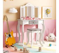 Costway 2 In 1 Vanity Table For Kids W/ Stool Drawer & Folding Mirror Anti-Tipping Device
