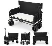 COSTWAY 2-in-1 Wagon Bench Seat Combo, Collapsible Folding Trolley Cart with Adjustable Push/Pull Handle, Cushions & All-Terrain Wheels, Outdoor Transport Pull Along Carts for Camping Shopping (Black)