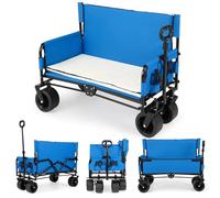 COSTWAY 2-in-1 Wagon Bench Seat Combo, Collapsible Folding Trolley Cart with Adjustable Push/Pull Handle, Cushions & All-Terrain Wheels, Outdoor Transport Pull Along Carts for Camping Shopping (Blue)