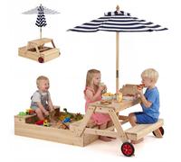 Costway 2-in-1 Wooden Sandbox w/Foldable Umbrella & Convertible Picnic Table in Natural COSTWAY Natural