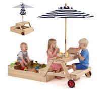 Costway 2-In-1 Wooden Sandbox With Foldable Umbrella And Convertible Picnic Table Benches