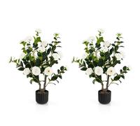 Costway 2 Pack Artificial Camellia Tree Faux Flower Plant Artificial Tree Home Decor in White COSTWAY White