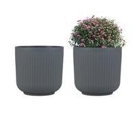 COSTWAY 2 Pack Round Plastic Planters, 32cm Striped Flower Pots with Optional Drainage System, Indoor Outdoor Decorative Plant Pot Containers for Home Front Porch Garden Balcony