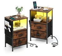 Costway 2 Pcs Bedroom Nightstand End Table with Charging Station-Brown in Brown COSTWAY Brown