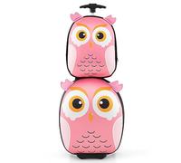 COSTWAY 2 Pcs Kids Luggage Set, 12'' Hardshell Backpack and 16'' Suitcase Children Travel School Trolley Case on Wheels, Lightweight Carry On Luggages for Boys Girls (Pink Owl)