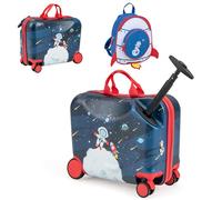 COSTWAY 2 PCS Kids Luggage Set, 4L Backpack + 17L Ride-on & Carry-on Hardshell Suitcase with Wheels and Height Adjustable Handle, Travel School Trolley Case for Boys Girls (Astronaut, Navy)