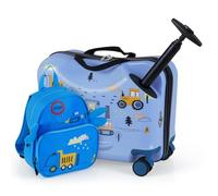 COSTWAY 2 PCS Kids Luggage Set, 4L Backpack + 17L Ride-on & Carry-on Hardshell Suitcase with Wheels and Height Adjustable Handle, Travel School Trolley Case for Boys Girls (Vehicle, Blue)