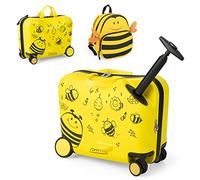 COSTWAY 2 PCS Kids Luggage Set, 4L Backpack + 17L Ride-on & Carry-on Hardshell Suitcase with Wheels and Height Adjustable Handle, Travel School Trolley Case for Boys Girls (Bee, Yellow)