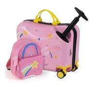 COSTWAY 2 PCS Kids Luggage Set, 4L Backpack + 17L Ride-on & Carry-on Hardshell Suitcase with Wheels and Height Adjustable Handle, Travel School Trolley Case for Boys Girls (Star, Pink)