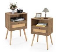 Costway 2 Pcs Rattan Nightstand Set Boho End Table Compact Bedside Table