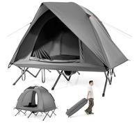 COSTWAY 2 Person Foldable Camping Tent, Elevated Tent Cot with Camping Bed, Waterproof Rainfly, 2 Mesh Doors and Wheeled Bag, Portable Outdoor Dome Tent (Round, Grey, 194 x 145 x 150 cm)