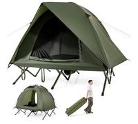 COSTWAY 2 Person Foldable Camping Tent, Elevated Tent Cot with Camping Bed, Waterproof Rainfly, 2 Mesh Doors and Wheeled Bag, Portable Outdoor Dome Tent (Round, 194 x 145 x 150 cm)