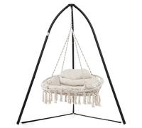 COSTWAY 2-Seater Hammock Swing Chair with Cushions, Folding Metal Frame Cotton Rope Macrame Hanging Chair, Indoor Outdoor Tassels Swing Seat for Porch, Poolside & Deck (with Stand)