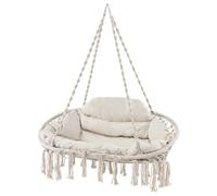 COSTWAY 2-Seater Hammock Swing Chair with Cushions, Folding Metal Frame Cotton Rope Macrame Hanging Chair, Indoor Outdoor Tassels Swing Seat for Porch, Poolside & Deck (without Stand)
