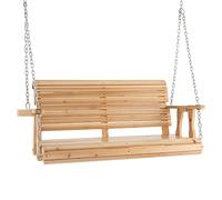 COSTWAY 2 Seater Porch Swing Chair, Rustic Fir Wood Patio Swing Bench with Cup Holders and Hanging Chains, Natural