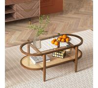 Costway 2-Tier Coffee Table Rattan Center Cocktail Tea Table Tempered Glass Tabletop