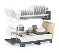 COSTWAY 2 Tier Dish Drainer Rack, Stainless Steel Dish Drying Rack with Drip Tray, Swivel Extendable Drainage Spout, Utensil Holder & Cutting Board Holder, Draining Board Rack for Kitchen Counter