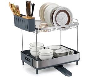 COSTWAY 2 Tier Dish Drainer Rack with Drip Tray, Stainless Steel Dish Drying Rack with Swivel Extendable Drainage Spout & Cutlery Holder, Space-Saving Draining Board Rack for Kitchen Counter