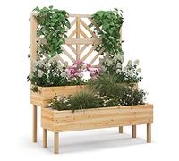 COSTWAY 2-Tier Raised Garden Bed with Trellis, Wooden Elevated Planter Box with Drainage Holes for Climbing Plants Vines, Fruit Vegetable Flower Pot Container for Patio Balcony (Natural, 109x62x135cm)