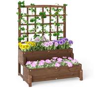 COSTWAY 2-Tier Raised Garden Bed with Trellis, Wooden Elevated Planter Box with Drainage Holes for Climbing Plants Vines, Fruit Vegetable Flower Pot Container for Patio Balcony (Brown, 88x67x121cm)
