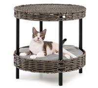 Costway 2-Tier Rattan Cat Nest Wicker Kitten House Raised Kitty Bed-Grey