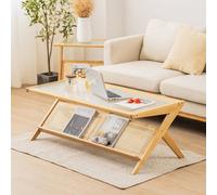 Costway 2-Tier Rectangular Coffee Table Modern Center Bamboo Table With Glass Tabletop