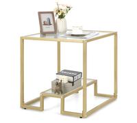 Costway 2-Tier Square Side Table Sofa End Table With Tempered Glass Tabletop-Golden