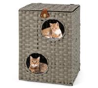 COSTWAY 2-Tier Wicker Cat House, Foldable Cats Bed Hideaway Cave with Soft Removable Cushions & Lockable Lid, Indoor Rattan Kitten Condo End Side Table Nightstand, 43 x 35 x 61cm
