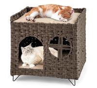 COSTWAY 2-Tier Wicker Cat House, Foldable Cats Cave Sleeping Bed with Elevated Perch & Soft Removable Cushions, Indoor Rattan Kitten Condo Pet Furniture, 50 x 45 x 50cm