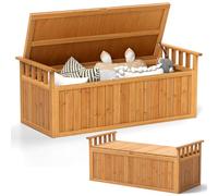 COSTWAY 209L Garden Storage Box, 3-in-1 Weather Resistant Wooden Deck Box Chest with Armrests & Grooved Handle, Outdoor Patio Storage Bench Table for Cushion Tool Toy