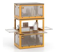 COSTWAY 292L Stackable Storage Boxes with Lids, 3-Tier Large Collapsible Storage Bins with Wheels and 5 Open Doors, Foldable Plastic Storage Containers Organiser for Bedroom Closet Office (Yellow)